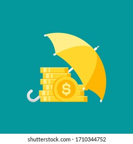 Golden Umbrella With Gold Euro Coins Stack Under It. Vector Flat Icon Isolated On Blue. Income Safe. Money Protection Concept. Investments, Safety Business.  