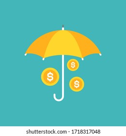 Golden umbrella with gold euro coins under it. Vector flat icon isolated on blue. Income safe. Money protection concept. Investments, safety business.  