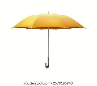 Golden umbrella-cane offering protection realistic vector illustration. Open yellow parasol for insurance 3d object on white background