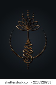 Golden Unalome lotus flower symbol, Hindu or Buddhist sign representing path to enlightenment. Yantras Tattoo icon. Simple gold foil ink drawing, vector illustration isolated on black background