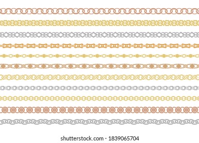 Cadenas doradas y plateadas de patrón sin costura. Conjunto de Cadenas de diferentes formas ornamentos y espesores sobre la ilustración vectorial aislada de fondo blanco.