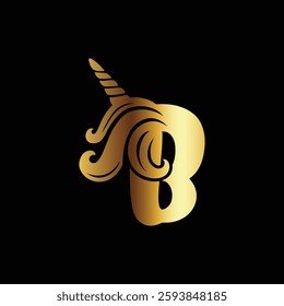 Golden unicorn logo with elegant letter B design on a black background for luxury branding and identity