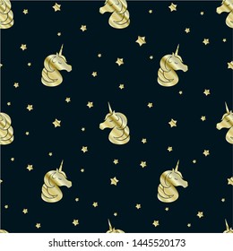 Golden unicorn pattern on black background, vector illustration
