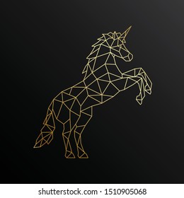 Golden Unicorn in polygonal style. Side view. Geometric unicorn illustration.