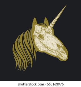 Golden unicorn skull in retro vintage style. Design template for tattoo, print, cover. Vector illustration.