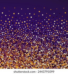 Golden Universe Vector Purple Background. Gilded Elegant Shine Banner. Glow Abstract Wallpaper.  Yellow Glamour Dust Border.