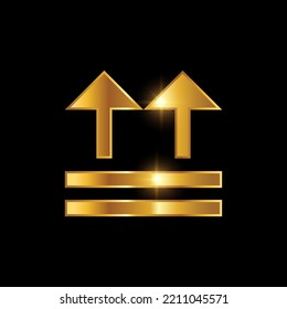 Golden Upload Arrow Vector Sign Illustration in black background with gold shine effect 