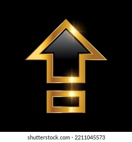 Golden Upload Arrow Vector Sign Illustration in black background with gold shine effect 