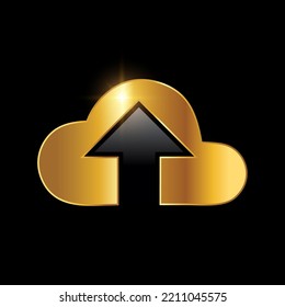 Golden Upload Arrow Vector Sign Illustration in black background with gold shine effect 