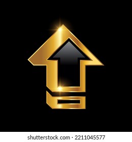 Golden Upload Arrow Vector Sign Illustration in black background with gold shine effect 