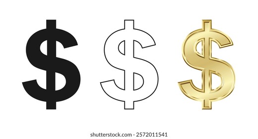 Golden US dollar currency symbol isolated on white background. Golden dollar sign. 3D signs money currency sign. 3D vector Illustration