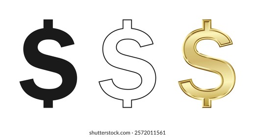 Golden US dollar currency symbol isolated on white background. Golden dollar sign. 3D signs money currency sign. 3D vector Illustration