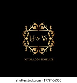 Golden UV Initial logo. Frame emblem ampersand deco ornament monogram luxury logo template for wedding or more luxuries identity