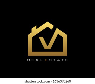 Golden V House Logo Design, Real Estate Icon.