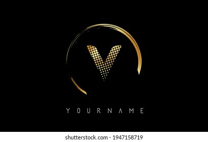 Golden V letter logo design with golden dots and circle frame on black background. Creative vector illustration with golden color and letter V.