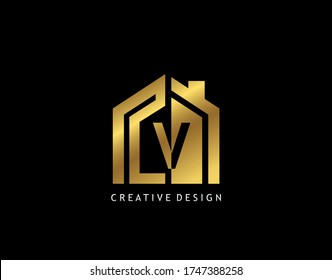 Golden V Letter Logo. Minimalist gold house shape with negative V letter, Real Estate Building Icon Design.