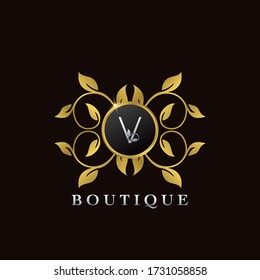 Golden V Letter Luxury Frame Boutique Initial Logo Icon, Elegance logo letter design template for luxuries business, boutique, fashion, and more business identity