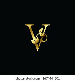 Golden V Letter  Minimalist Luxury Initial Nature Tropical Leaf logo Icon  vector design.