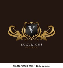 Golden  V Logo Luxurious Shield, creative vector design concept for luxury business indentity.