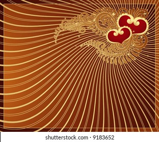 Golden Valentine background with Hearts.  Vector illustration.