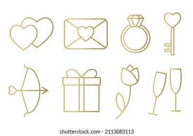 golden Valentine's Day elements: love letter, diamond ring, key, Cupid's bow, gift, tulip flower, champagne glasses- vector illustration