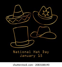Golden various kinds of hats line art  isolated on black background,  national hat day january 15