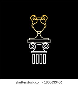 golden vase on pillar for black design, winner vector icon in outline