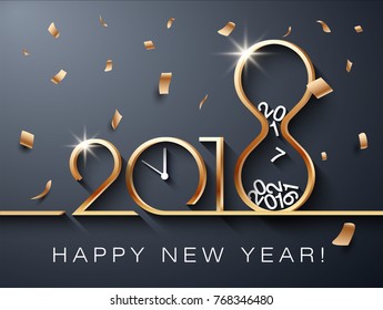 Golden Vector 2018 Happy New Year illustration on dark background with Hourglass and clock showing time pass by.