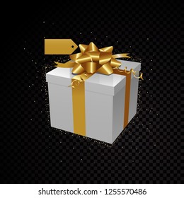 Golden vector 3D gift box isolated on black background