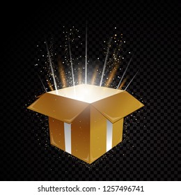 Golden vector 3D gift box with glittering spiral star dust trail sparkling particles on transparent background