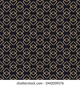 Golden vector abstract geometric pattern with linear shapes, rhombuses, diamonds. Stylish minimal black and gold geo texture. Subtle modern luxury background. Repeat design for decor, wallpaper, print