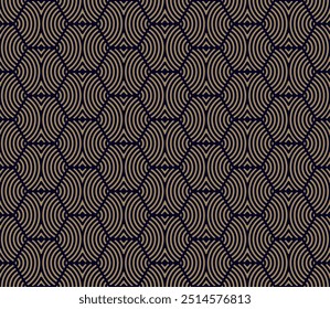 Patrón geométrico abstracto de Vector dorado con Formas hexagonales, líneas curvas, rayas, ondas, rayas. Textura dorada y negra. Elegante fondo minimalista moderno. Diseño geo decorativo repetido simple