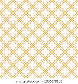 Golden vector abstract geometric seamless pattern with floral shapes, grid, mesh, net, cross lines, rhombuses, repeat tiles. Elegant ornament texture in oriental style. Yellow and white background