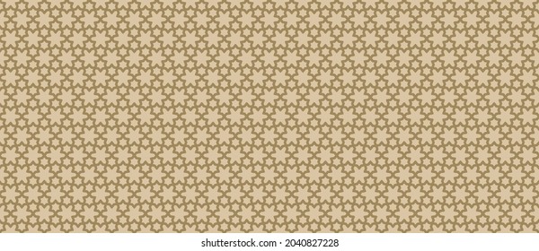 Golden vector abstract geometric seamless pattern. Traditional Islamic ornament with lines, lattice, mesh, grid, floral shapes, stars. Gold ornamental background. Elegant repeat design for decoration