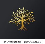 Golden vector background illustration tree with golden branches and leafs.
