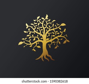 Golden vector background illustration tree with golden branches and leafs.