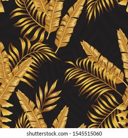 Golden Vector Banana, Fern Leaves in Grayscale Geometric Background. Seamless Prestigious Illustration Tropical Wallpaper. Beauty Foliage in Yellow Gold Color. Repeat Fabric Exotic Pattern Backdrop
