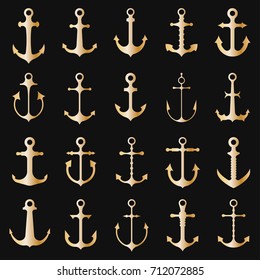 Golden vector boat anchors icons isolated on white background, marine logo, icon. Set of black silhouette anchos illustration.