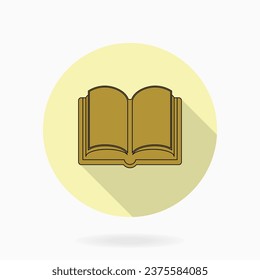 Golden vector book icon in the circle. Flat design and long shadow