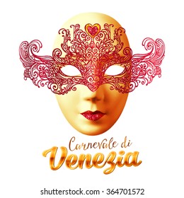 Golden vector carnival mask with red lacy top and "Carnivale di Venezia" (Venetian Carnival) sign