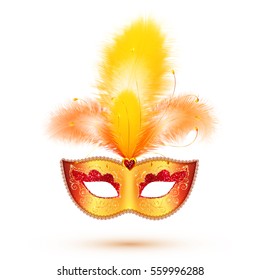 Golden vector carnival mask with yellow and orange feathers, Mardi Gras illustration isolated on white background