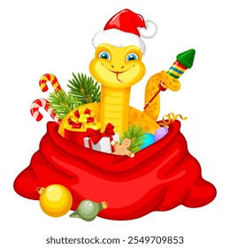 Golden vector cartoon snake, symbol of New Year 2025. Cute smiling snake wearing a red Santa Claus hat, peeking out from red bag with gifts and new year holiday decorations. Happy New Year greeting