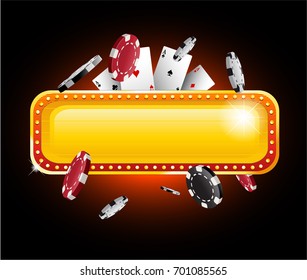 Golden vector casino vegas sign with poker chips explosion