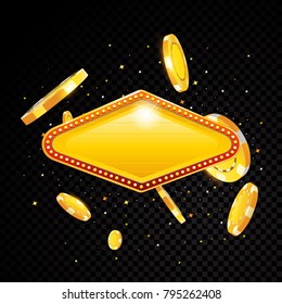 Golden vector casino vegas sign with poker chips explosion