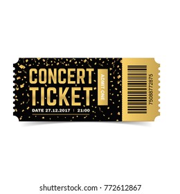 Golden vector concert ticket. Realistic 3d design with gold confetti on white background. 
