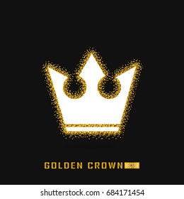Golden vector crown in sparking style. Cold glitter texture. Golden gloss effect. Sparkling king crown on black background