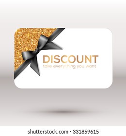 Golden vector discount card with black ribbon and bow