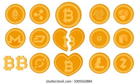 Golden vector divided bitcoin coin. Set of crypto currency logo coins. Cryptocurrency Market Capitalizations concept. Digital virtual money. Illustration of  finance sign isolated on white background.