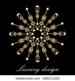 Golden vector element for design template. 3d filigree motif on black background. Ornate decor for invitations, certificate, labels, badges, tags. Golden ornament in antiquarian style.