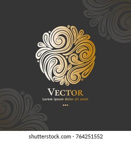 Golden vector emblem. Can be used for organic products, jewelry, beauty and fashion industry. Great for logo, invitation, flyer, menu, brochure, business card, banner, background, or any desired idea.